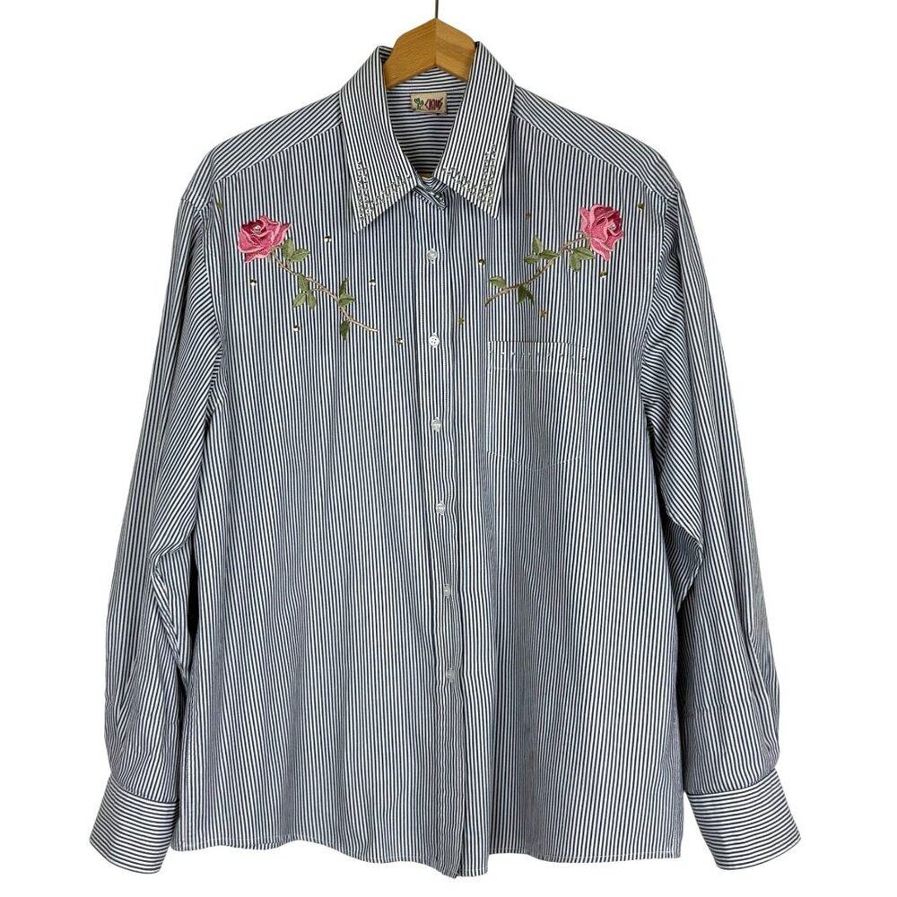 Cactus California Vtg 90s Shirt Women’s L/XL Blue White Stripe Embroidered Rose